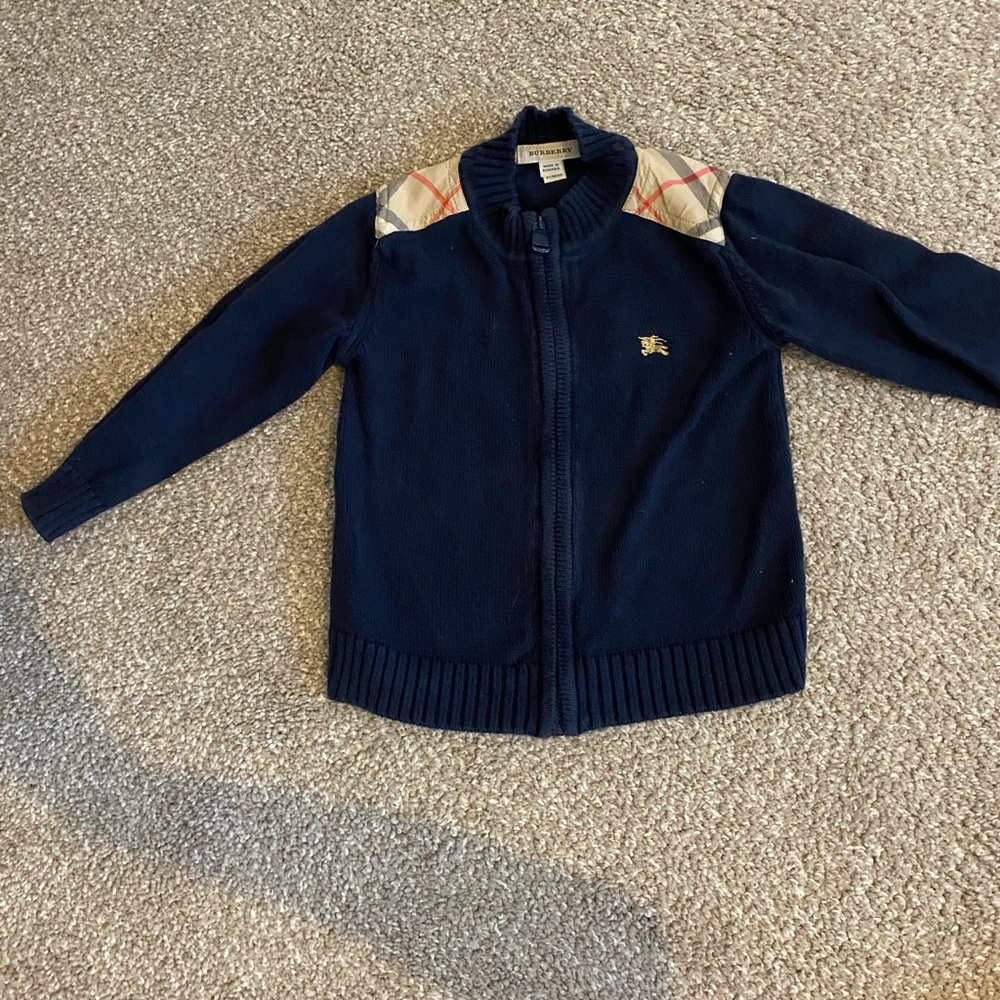 Burberry Navy Blue Knit Zip Sweater with Signature Check Shoulders